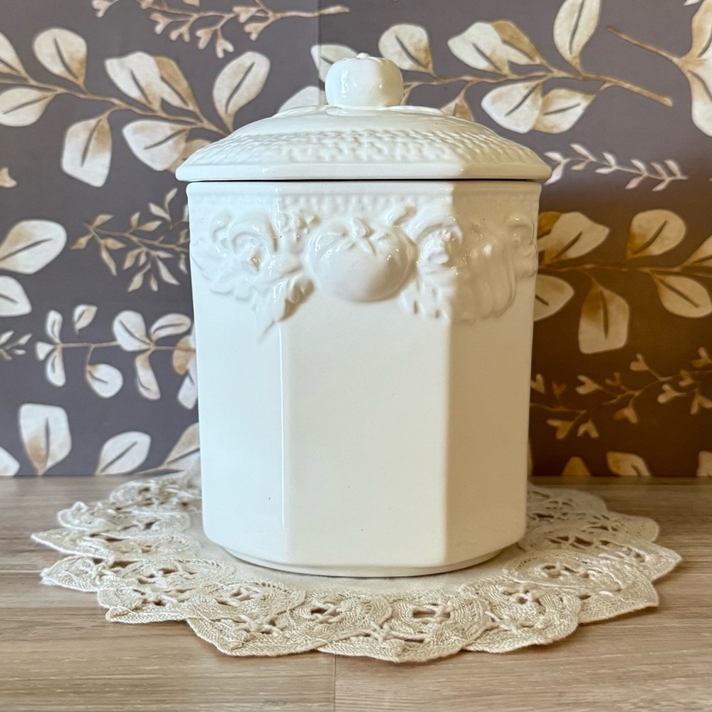 Vintage Himark Harvest Weave White Ceramic Canister with Lid – 16 oz - Rare